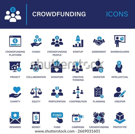 Crowdfunding icon set collection. Project, cash, startup, agreement, shareholders, collaboration, donation, investor, creator and best solid icon set.