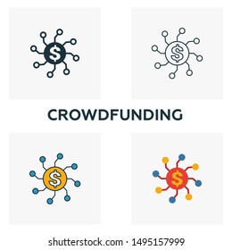 Crowdfunding icon set. Four elements in diferent styles from fintech icons collection. Creative crowdfunding icons filled, outline, colored and flat symbols.