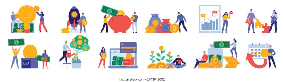 Crowdfunding icon set funding a project with different amounts of money abstract situations vector illustration