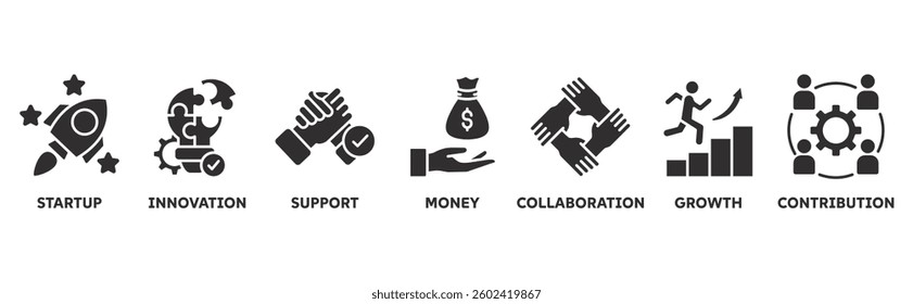 Crowdfunding icon set illustration concept with icon of startup, innovation, support, money, collaboration, growth, contribution