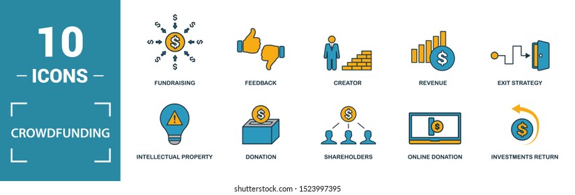 Crowdfunding icon set. Include creative elements marketplace, social participation, pre-release, rewards, funding platform icons. Can be used for report, presentation, diagram, web design.