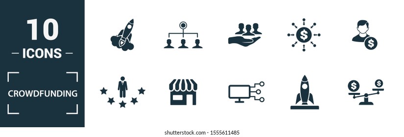 Crowdfunding icon set. Include creative elements marketplace, social participation, pre-release, rewards, funding platform icons. Can be used for report, presentation, diagram, web design.