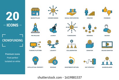 Crowdfunding icon set. Include creative elements marketplace, social participation, pre-release, rewards, funding platform icons. Can be used for report, presentation, diagram, web design.