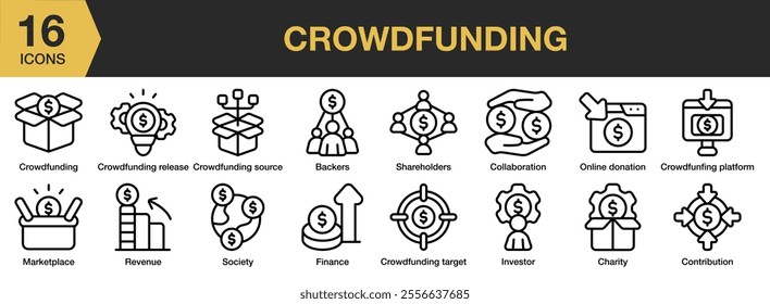 Crowdfunding icon set. Includes backers, shareholders, collaboration, online donation, finance, charity, investor, and More. Outline icons vector collection.