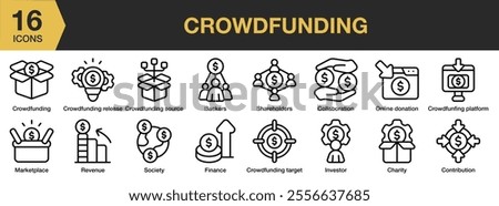 Crowdfunding icon set. Includes backers, shareholders, collaboration, online donation, finance, charity, investor, and More. Outline icons vector collection.