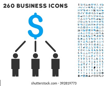 Crowdfunding icon within 260 vector business pictogram set. Style is bicolor flat symbols, light blue and gray colors, white background.
