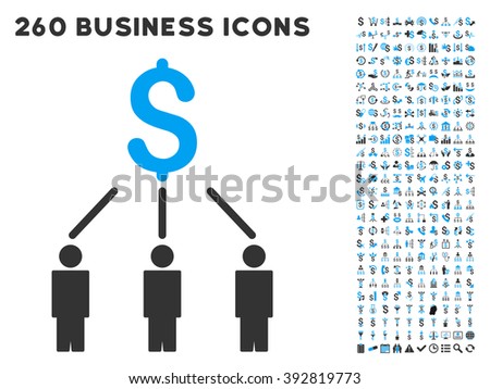 Crowdfunding icon within 260 vector business pictogram set. Style is bicolor flat symbols, light blue and gray colors, white background.