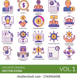 Crowdfunding icons including accredited investor, analytics, audience engagement, backer report, beta tester, broker-dealer, budget breakdown, collaboration, convertible note, creator, early bird.