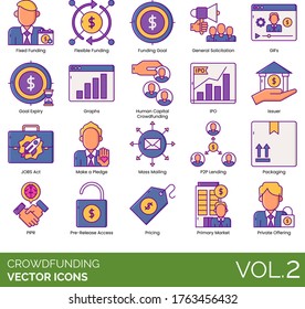 Crowdfunding icons including fixed, flexible funding, general solicitation, GIFs, goal expiry, graph, human capital, IPO, issuer, jobs act, make a pledge, mass mailing, P2P lending, packaging, PIPR.