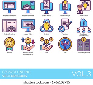 Crowdfunding icons including project dashboard, fulfillment, history, image, pitch, timeline, video, prototype, real estate, reward, reward-based, ROI, SEC, secondary market.