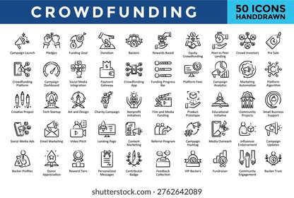 Crowdfunding icons set with campaign launch, pledges, funding goal, donation, backers, rewards based, equity crowdfunding, peer to peer lending, crowd investors icon. Simple handrawn vector 
