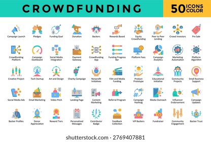 Crowdfunding icons set with campaign launch, pledges, funding goal, donation, backers, rewards based, equity crowdfunding, peer to peer lending, crowd investors icon. Simple flat color vector 
