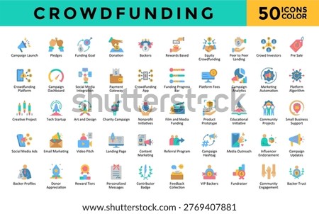 Crowdfunding icons set with campaign launch, pledges, funding goal, donation, backers, rewards based, equity crowdfunding, peer to peer lending, crowd investors icon. Simple flat color vector 
