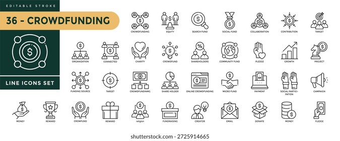 Conjunto de iconos de crowdfunding con trazo editable, que incluye equidad, fondo social, colaboración, objetivo, crecimiento, compromiso, campaña, compromiso, creador, recaudación de fondos, Ilustración vectorial lineal delgada