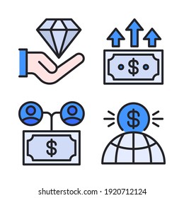 crowdfunding Icons Set (Filled Line) = hand diamond, money growth, money, dollar. Perfect for website mobile app, app icons, presentation, illustration and any other projects.