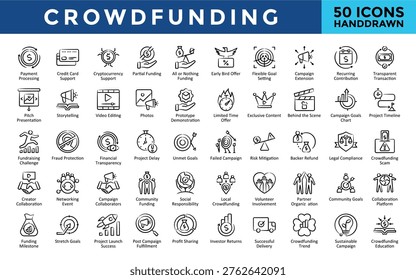 Crowdfunding icons set with payment processing, credit card support, cryptocurrency support, partial funding, all or nothing funding, early bird offer icon. Simple handdrawn vector 
