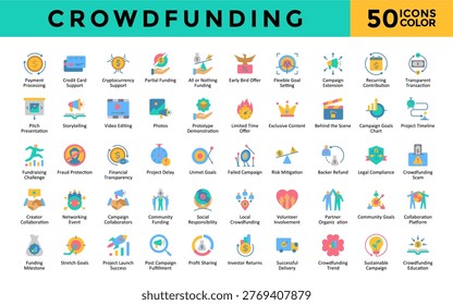 Crowdfunding icons set with payment processing, credit card support, cryptocurrency support, partial funding, all or nothing funding, early bird offer icon. Simple flat color vector 
