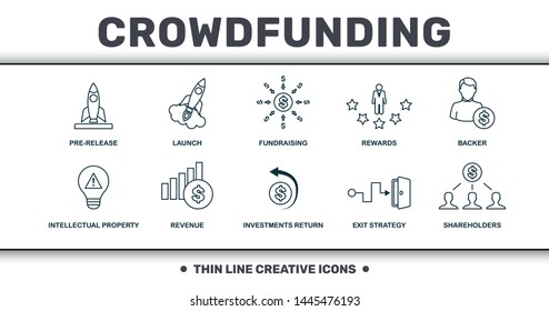 Crowdfunding icons thin line set collection. Includes creative elements such as Pre-Release, Launch, Fundraising, Rewards, Backer, Revenue and Investments Return premium icons.