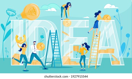 Crowdfunding in Idea and Money Donation in Startup. Huge Glass Letters and People Putting Gold Coins. Collecting Finance for Business Development. Investors Cooperation. Vector Illustration