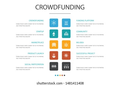 Crowdfunding Infographic 10 option concept. startup, product launch, funding platform, community simple icons