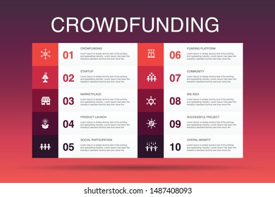 Crowdfunding Infographic 10 option template. startup, product launch, funding platform, community simple icons