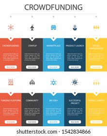 Crowdfunding Infographic 10 option UI design.startup, product launch, funding platform, community simple icons