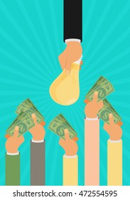 Crowdfunding, investing into ideas, funding project by raising monetary contributions, venture capital flat design colorful vector illustration concept