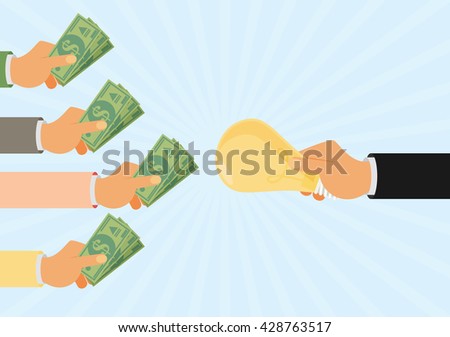 Crowdfunding, investing into ideas, funding project by raising monetary contributions, venture capital flat design colorful vector illustration concept