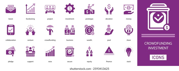 Crowdfunding investment icon set. with prototype, donation, fundraising, Wealth, Share, Support and more vector illustration set