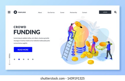 Crowdfunding, Investment Into Idea Or Business Startup. Vector 3d Isometric Illustration. People Putting Money To Bulb Piggybank. Crowd Funding, Charity Concept. Landing Page, Banner Or Poster Design