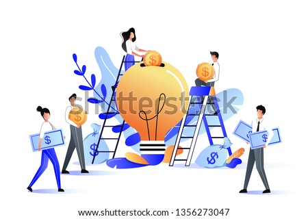 Crowdfunding and investment into idea or business startup. Vector flat illustration. Young people putting money to bulb piggybank. Crowd funding, charity and teamwork concept.
