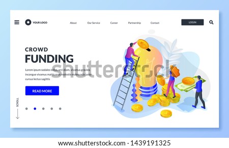 Crowdfunding, investment into idea or business startup. Vector 3d isometric illustration. People putting money to bulb piggybank. Crowd funding, charity concept. Landing page, banner or poster design