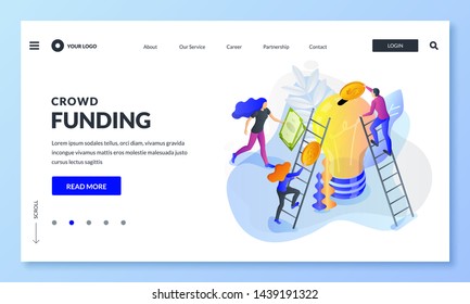 Crowdfunding and investment into idea, metaphor. Vector 3d isometric illustration. Crowd funding for business startup concept. Landing page, banner or poster design.