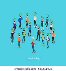 Crowdfunding Isometric Concept With Group Of People And Creative Person Involving In Business Project Vector Illustration