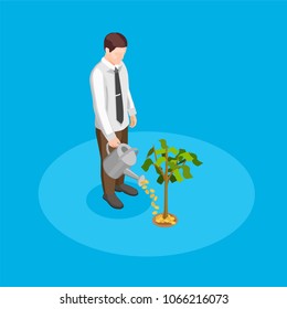 Crowdfunding isometric conceptn with money tree symbols on blue background vector illustration