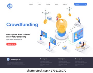 Página de inicio isométrica de crowdfunding. Inversión en la página web de isometría de ideas o emprendimientos. Plantilla del sitio web de plataforma de financiación colectiva para donación de dinero. Ilustración vectorial con caracteres de personas.