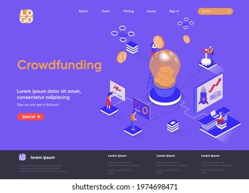 Crowdfunding isometric landing page. Investment into idea or business startup isometry web page. Crowdfunding platform for money donation website template. Vector illustration with people characters.