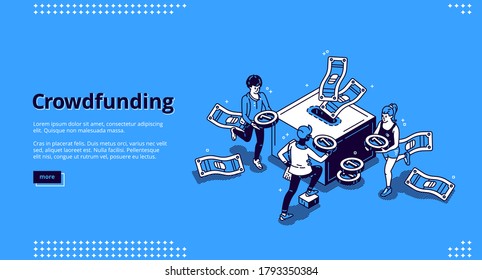 Crowdfunding isometric landing page. People donate money for creative idea support put coins in huge box. Volunteering and social help, philanthropy, donation and charity 3d vector line art web banner