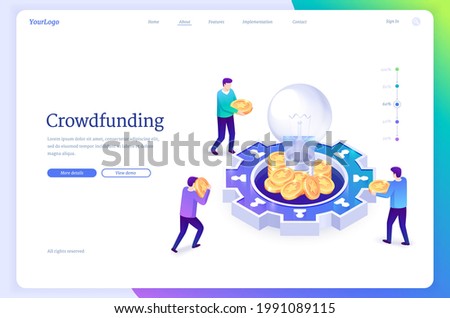 Crowdfunding isometric landing page. People donate money for idea support put coins in huge glowing light bulbs. Social help, philanthropy, donation and charity platform concept, 3d vector web banner
