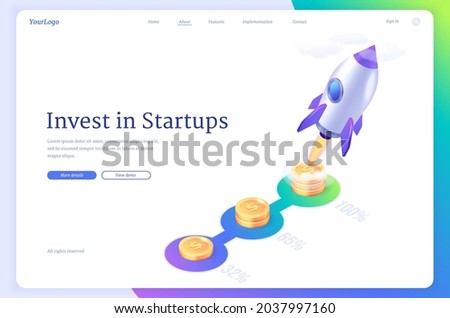 Crowdfunding isometric landing page, startup rocket launching from golden coins runway. Innovative or creative business ideas investment and fundraising, opportunities development 3d vector web banner