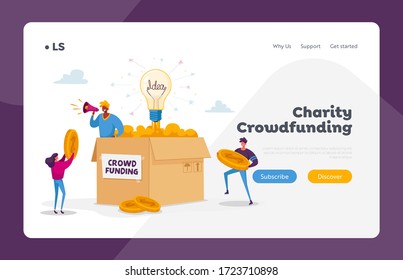 Crowdfunding Landing Page Template. Tiny Characters Bring Golden Coins to Huge Box with Man Yelling to Megaphone. People Collect Money Support Startup Project with Finance. Cartoon Vector Illustration