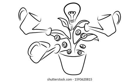 Crowdfunding line art vector, drawing art, black and white, capital and growing of idea or business, coins watering to the plant growing of idea or light bulb