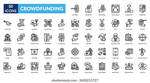 ícone de linha de crowdfunding definido. Meta alvo, caixa de doação, crowdfunding, apoio financeiro, vitória da campanha, acordo prometido, objetivo estendido