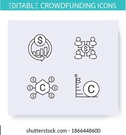 Crowdfunding Line Icons Set. Community Funding. Donation Funds Types. Funding And Investment Concept. Projects, Business Financing And Capital Raising. Isolated Vector Illustrations. Editable Stroke 