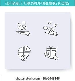 Crowdfunding line icons set. Profit sharing. Donation funds types. Funding and investment concept. Projects, business financing and capital raising. Isolated vector illustrations. Editable stroke 