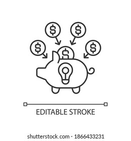 Icono lineal de crowdfunding. Practica proyectos de financiamiento recaudando pequeñas cantidades de dinero de la gente. Ilustración personalizable de línea delgada. Símbolo de contorno. Dibujo de contorno aislado del vector. Trazo editable