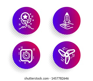 Crowdfunding, Loyalty points and Timer icons simple set. Halftone dots button. Wind energy sign. Start business, Bonus grows, Time management. Ventilator. Technology set. Vector