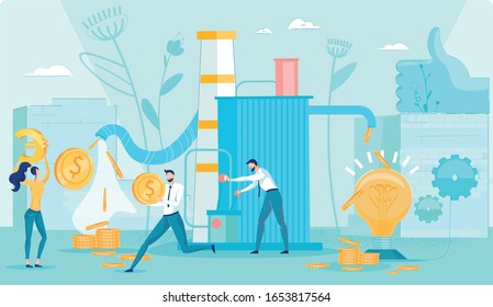Crowdfunding Machine. Startup Income Production Process. People Put Dollar Euro Gold Token Regulating Mechanism which Pouring Money on Metaphor Idea Light Bulb. Donation Control. Vector Illustration
