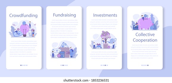 Juego de banners para aplicaciones móviles de crowdfunding. Apoyo financiero a nuevos proyectos empresariales. Invertir en una nueva empresa innovadora. Ilustración vectorial aislada en estilo de dibujos animados