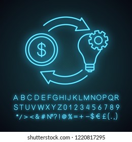 Crowdfunding neon light icon. Fundraising. Project funding. Financing and budgeting. Glowing sign with alphabet, numbers and symbols. Vector isolated illustration